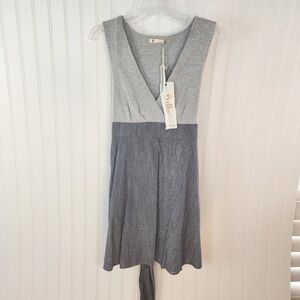Tulle sleeveless dress low v-neck upper gray cotton,  bottom blue chambray NWT